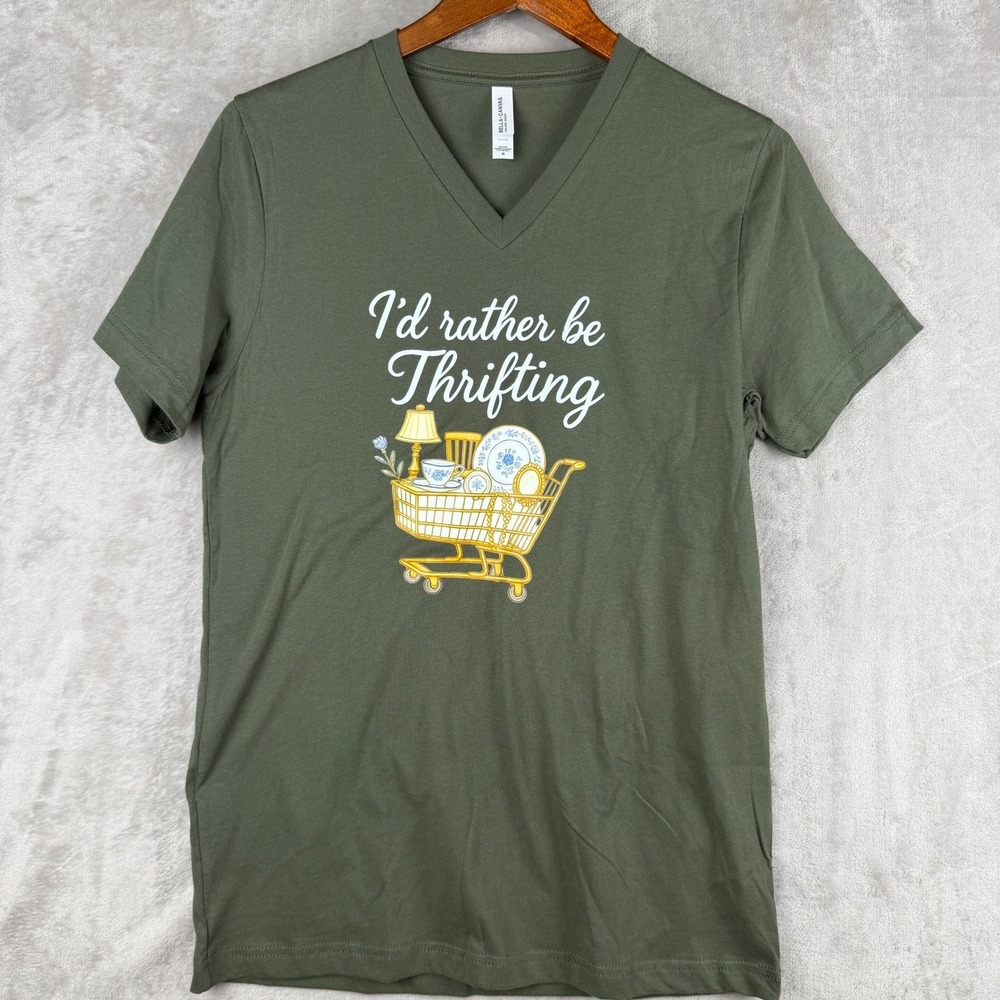 BId Rather Be Thrifting V-Neck Graphic T-Shirt womens green olive‎ joke funny
